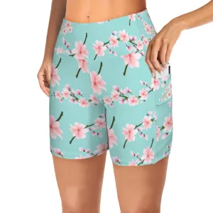 Japanese Pink Flowers Blue Yoga Shorts with Pockets up to 5 XL (FWS)