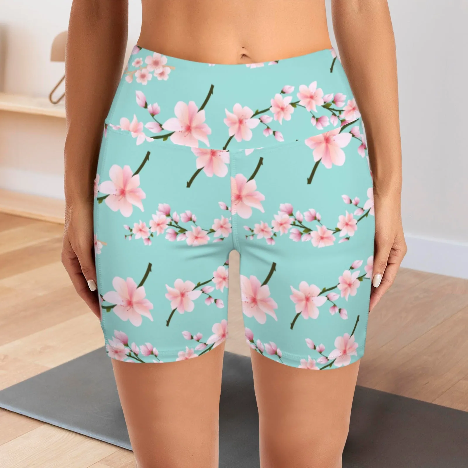 Japanese Pink Flowers Blue Yoga Shorts with Pockets up to 5 XL (FWS)