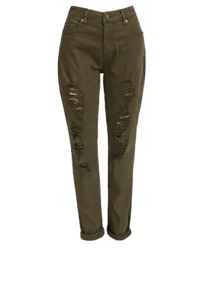 Khaki Ripped Design Cotton Rich Skinny Fit Jeans