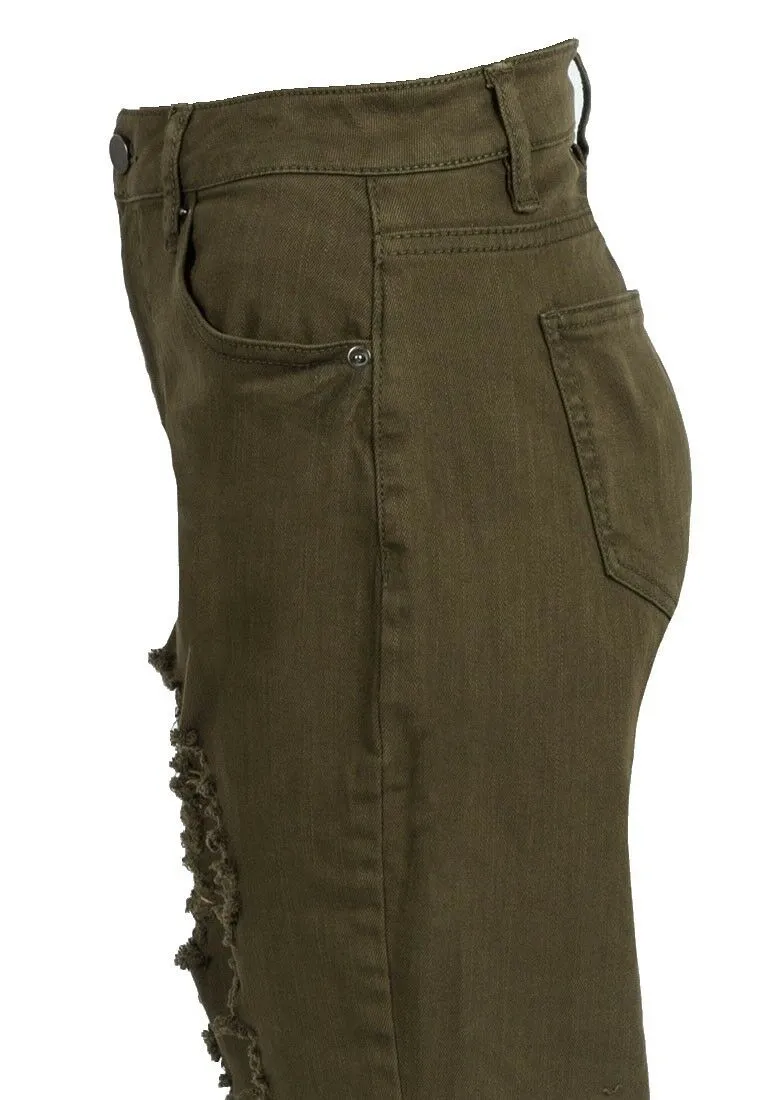 Khaki Ripped Design Cotton Rich Skinny Fit Jeans