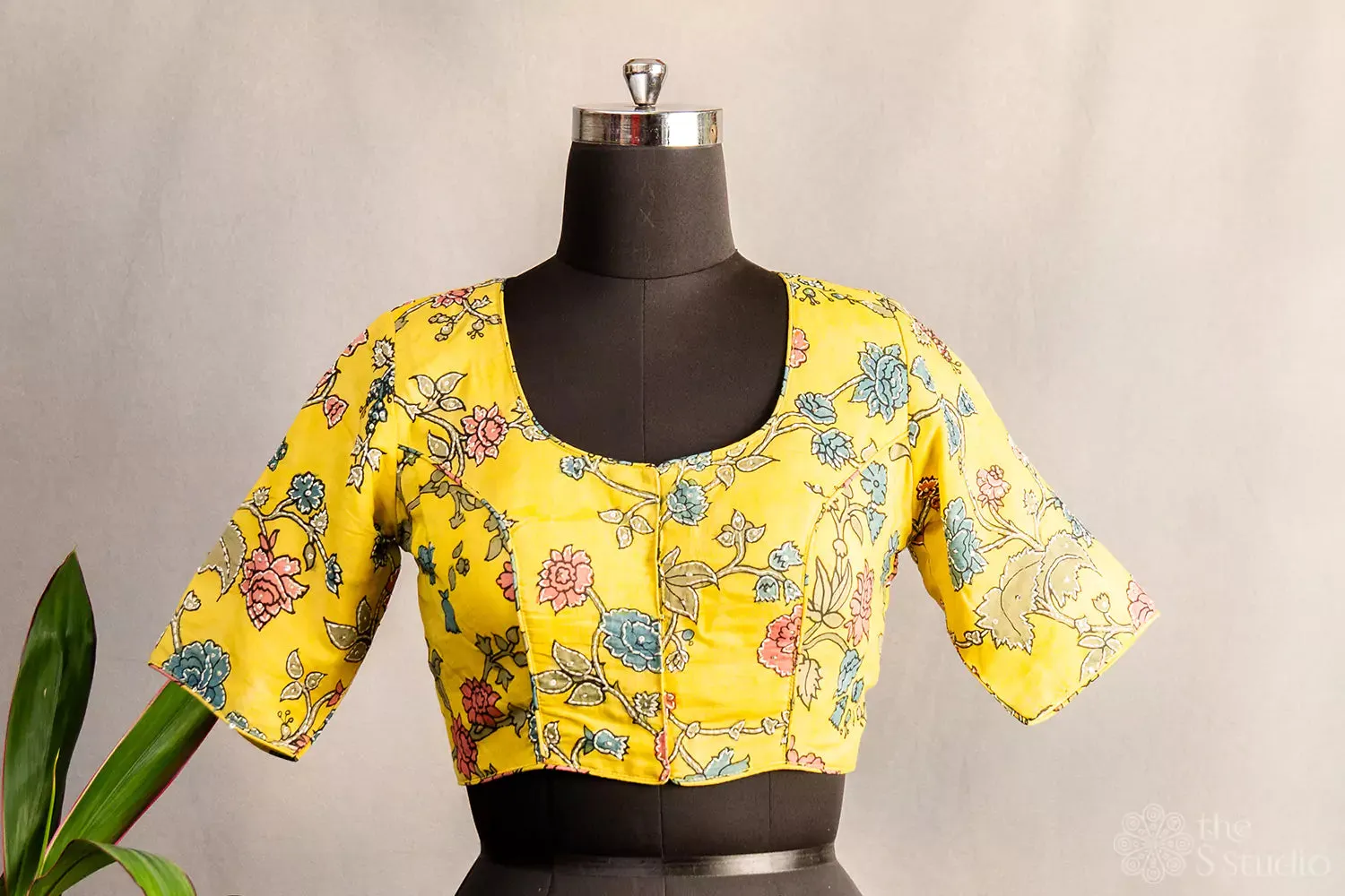Light yellow pen kalamkari hand painted silk blouse with kantha embroidery