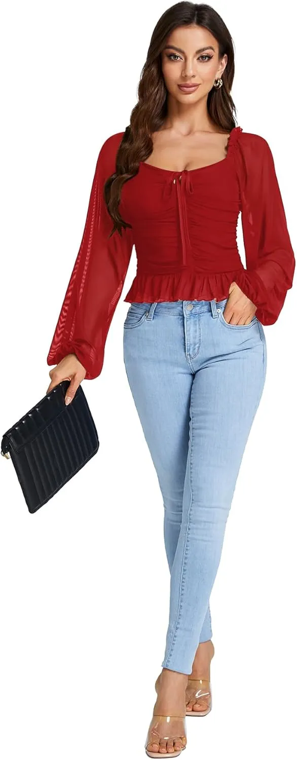 LYANER Women's Sweetheart Neck Self Tie Knot Shirred Back Mesh Lantern Long Sleeve Blouse Shirt Top