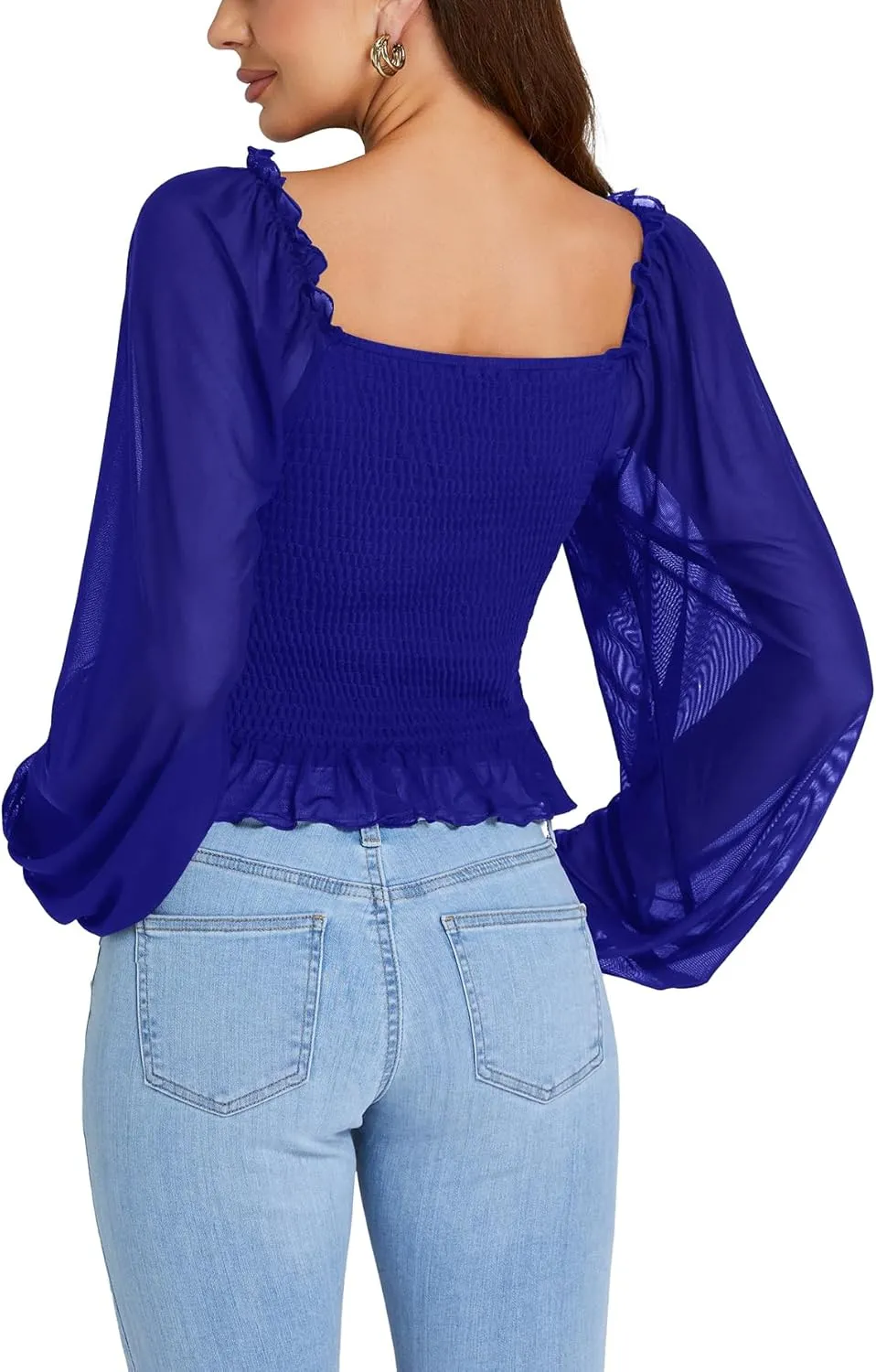 LYANER Women's Sweetheart Neck Self Tie Knot Shirred Back Mesh Lantern Long Sleeve Blouse Shirt Top