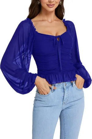 LYANER Women's Sweetheart Neck Self Tie Knot Shirred Back Mesh Lantern Long Sleeve Blouse Shirt Top
