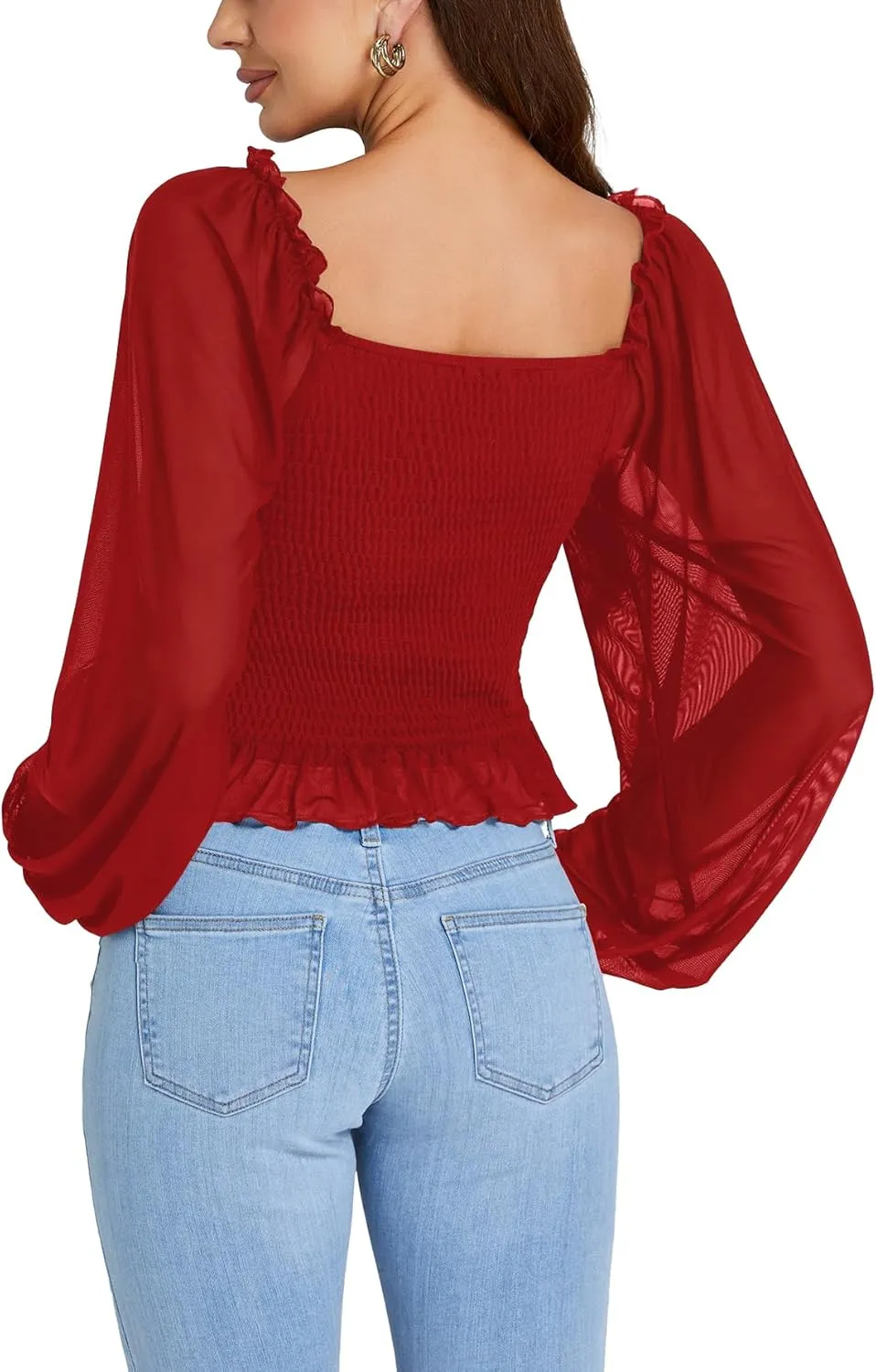 LYANER Women's Sweetheart Neck Self Tie Knot Shirred Back Mesh Lantern Long Sleeve Blouse Shirt Top