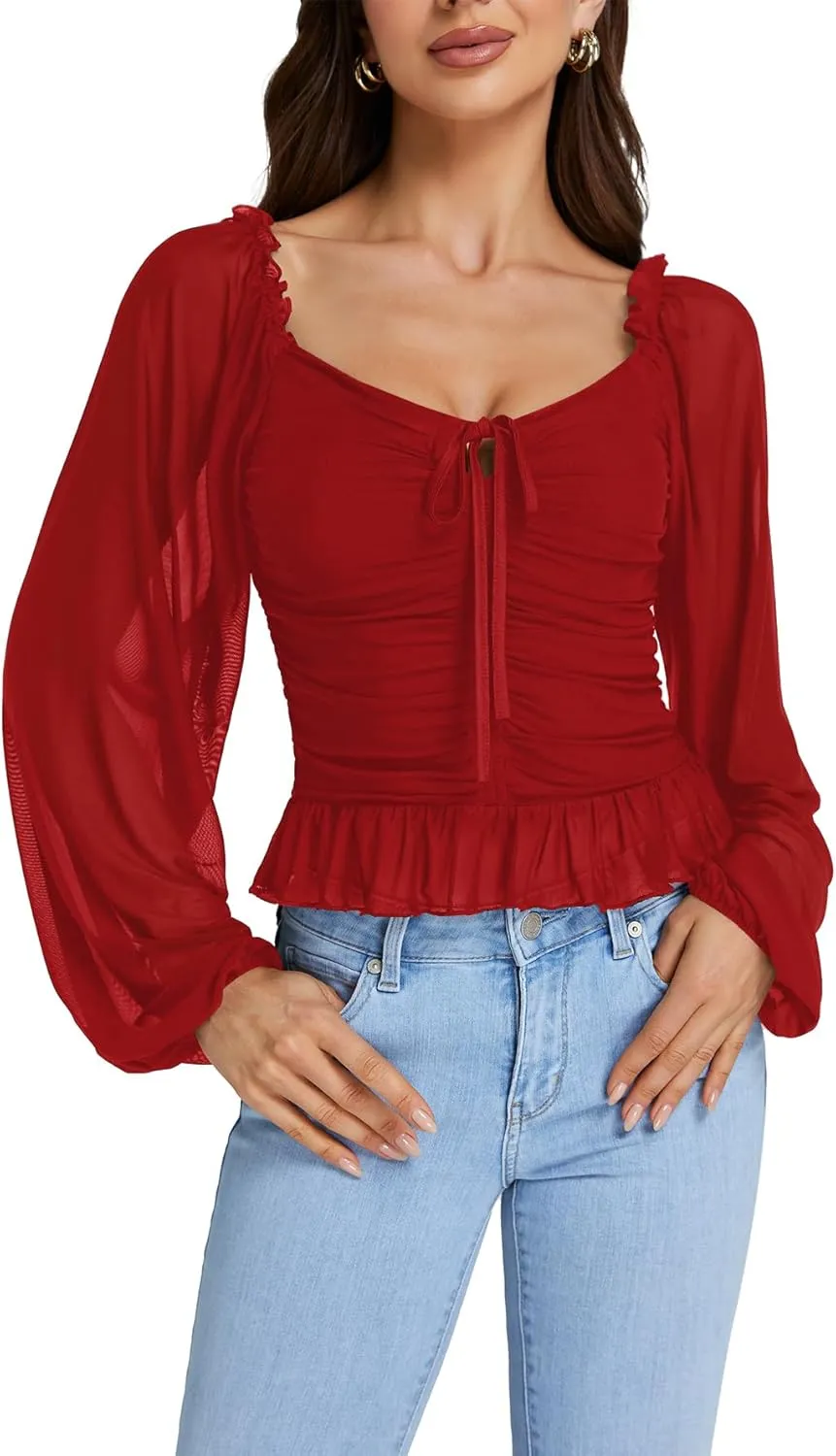 LYANER Women's Sweetheart Neck Self Tie Knot Shirred Back Mesh Lantern Long Sleeve Blouse Shirt Top