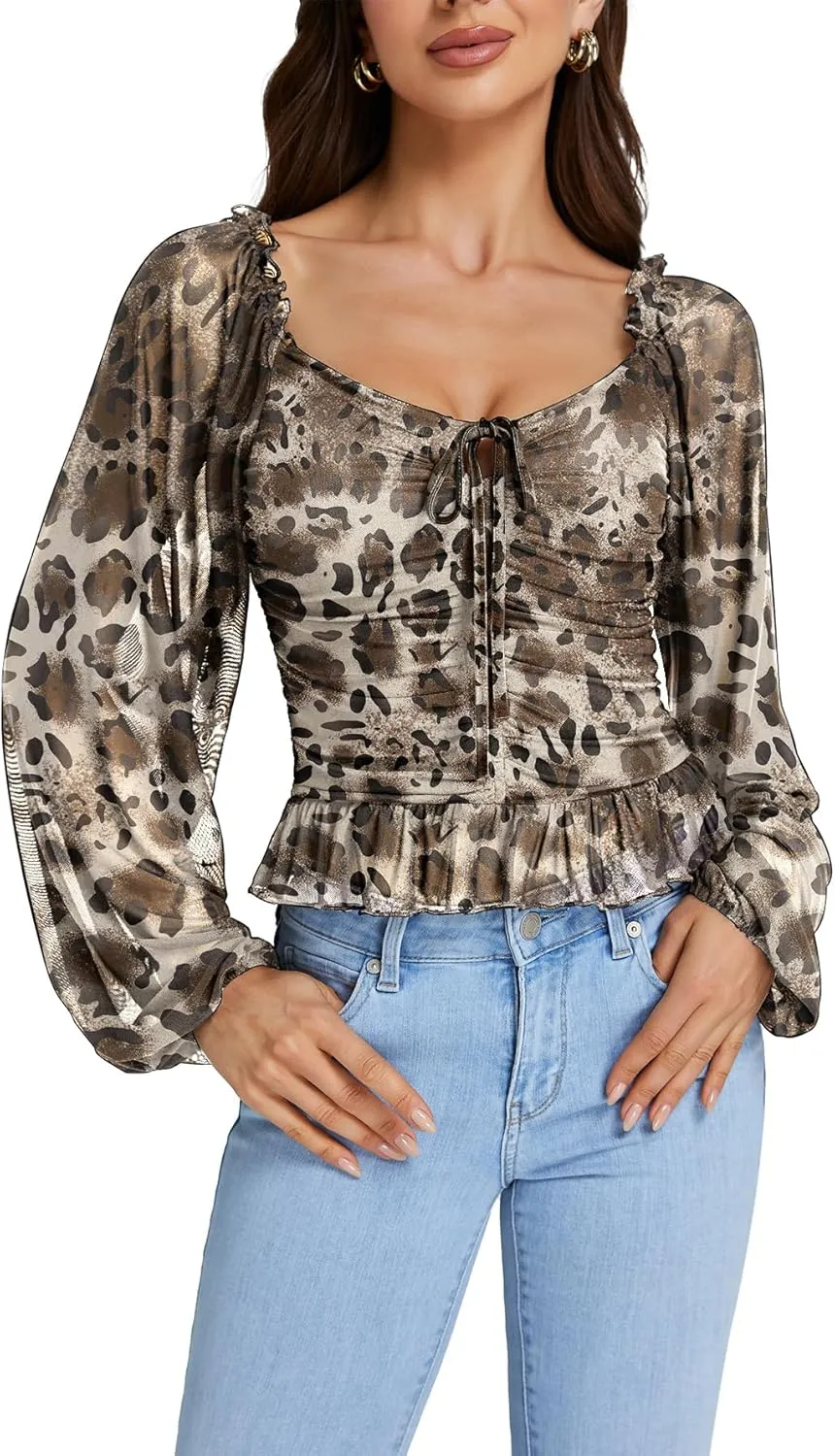 LYANER Women's Sweetheart Neck Self Tie Knot Shirred Back Mesh Lantern Long Sleeve Blouse Shirt Top