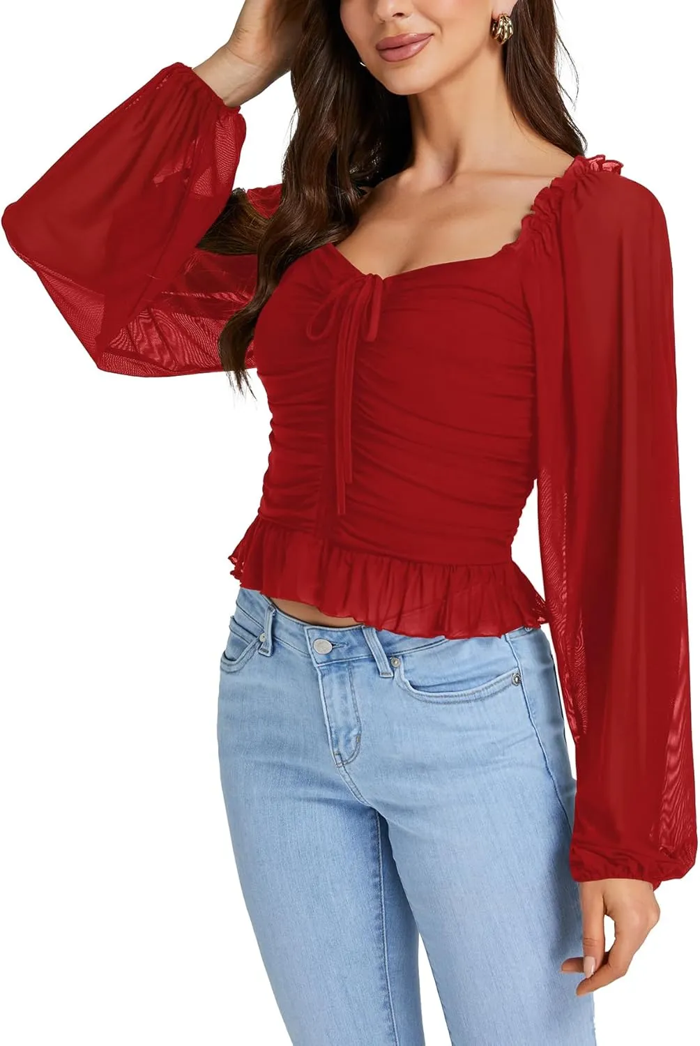 LYANER Women's Sweetheart Neck Self Tie Knot Shirred Back Mesh Lantern Long Sleeve Blouse Shirt Top
