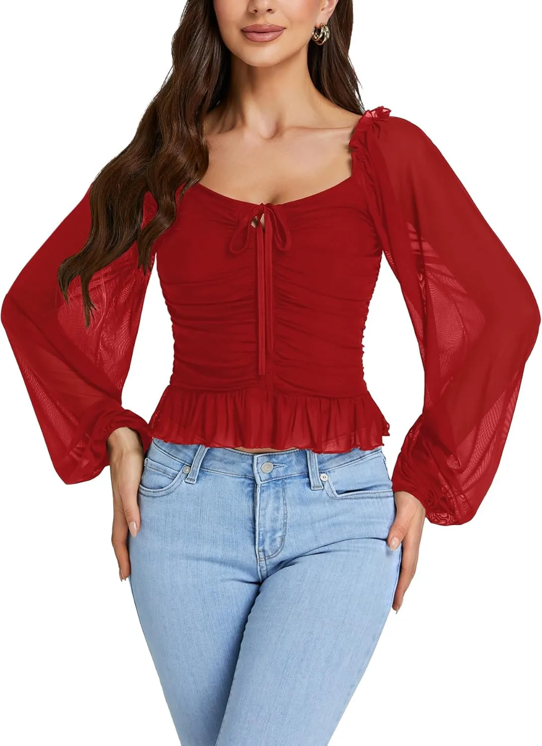 LYANER Women's Sweetheart Neck Self Tie Knot Shirred Back Mesh Lantern Long Sleeve Blouse Shirt Top