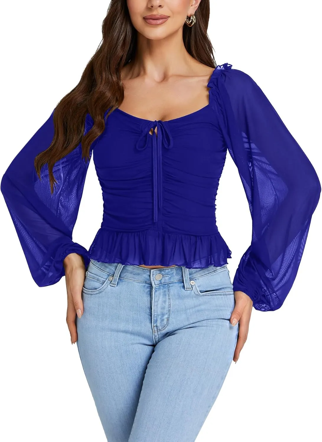 LYANER Women's Sweetheart Neck Self Tie Knot Shirred Back Mesh Lantern Long Sleeve Blouse Shirt Top