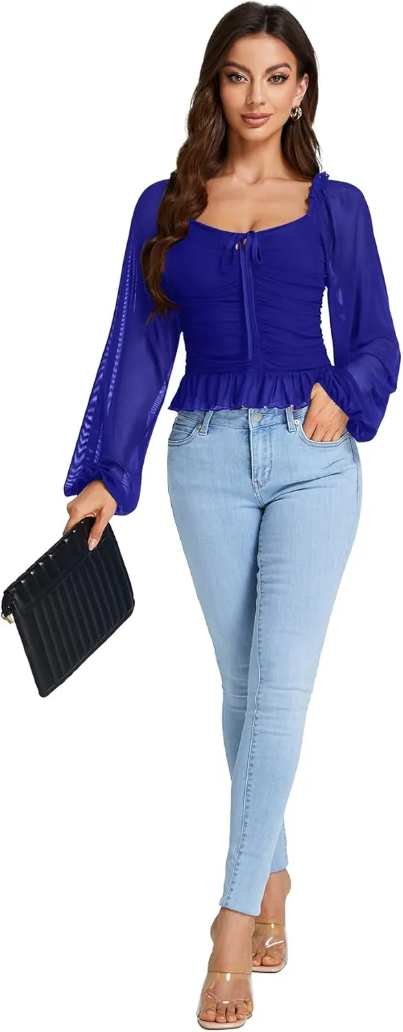 LYANER Women's Sweetheart Neck Self Tie Knot Shirred Back Mesh Lantern Long Sleeve Blouse Shirt Top