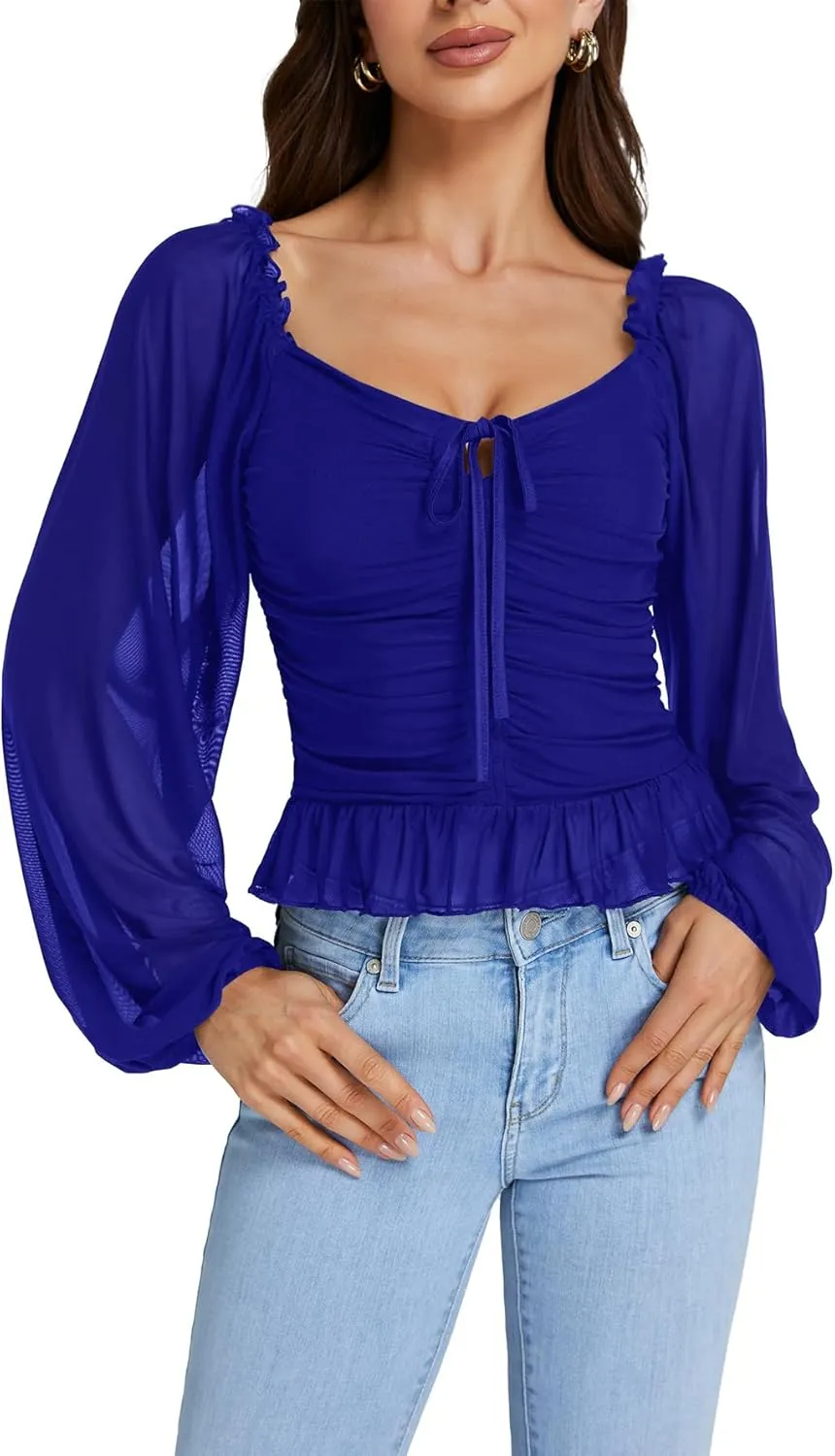 LYANER Women's Sweetheart Neck Self Tie Knot Shirred Back Mesh Lantern Long Sleeve Blouse Shirt Top