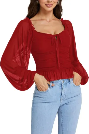 LYANER Women's Sweetheart Neck Self Tie Knot Shirred Back Mesh Lantern Long Sleeve Blouse Shirt Top