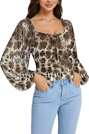 LYANER Women's Sweetheart Neck Self Tie Knot Shirred Back Mesh Lantern Long Sleeve Blouse Shirt Top