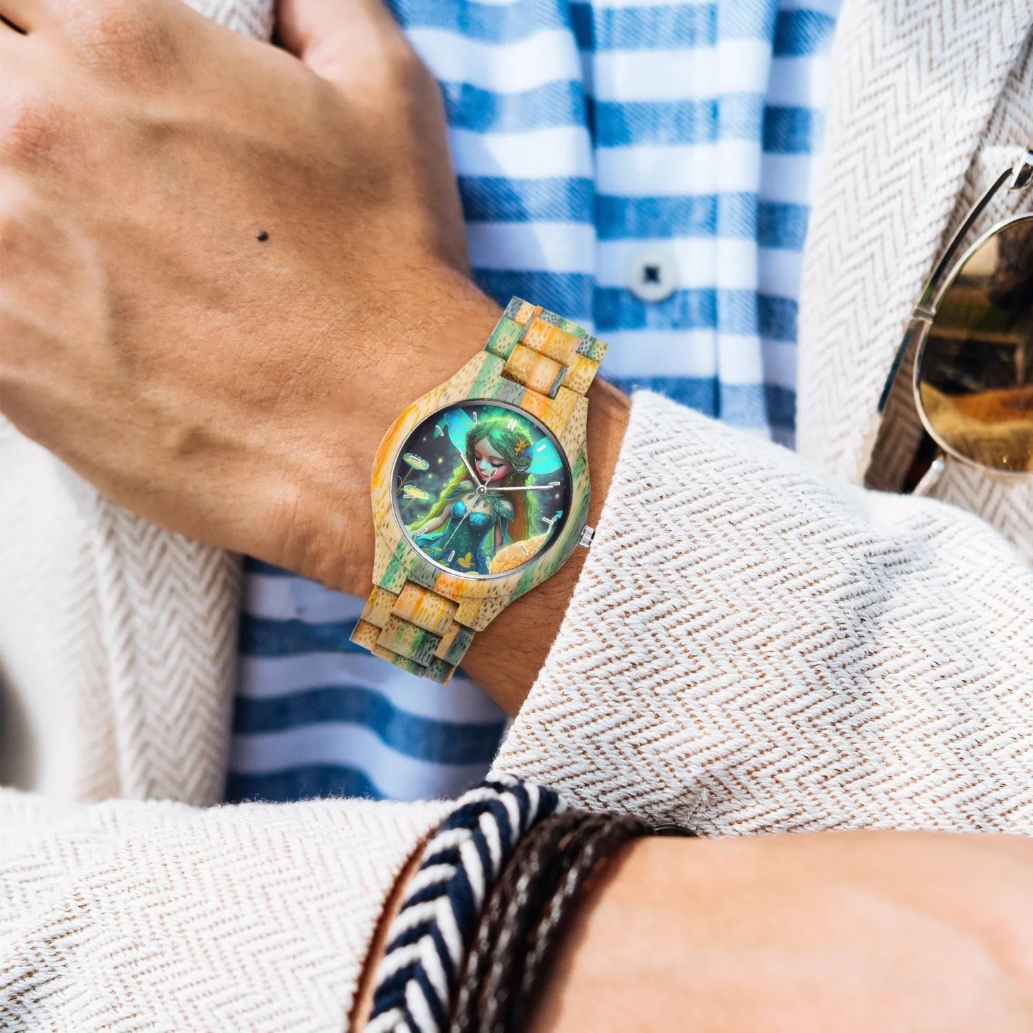 Montre en bois camouflage - Vert et bleu "Fée" (884)