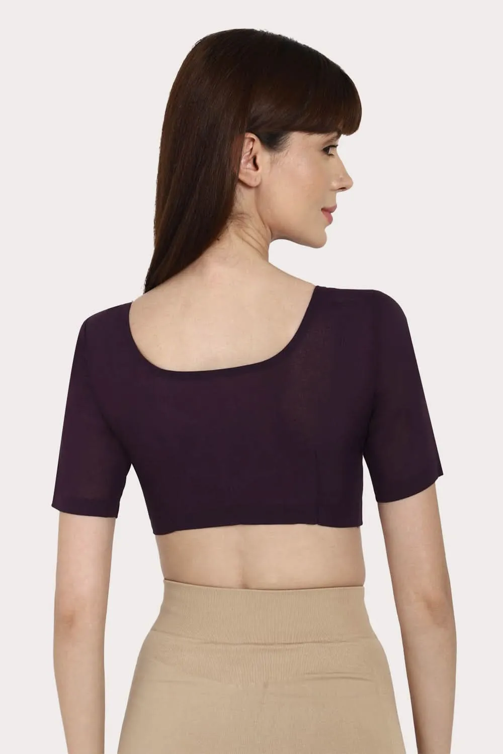 Naidu Hall Full Coverage Non-Wired Non-Padded Round Neck Long Sleeve Cotton Blouse - Dark Wine