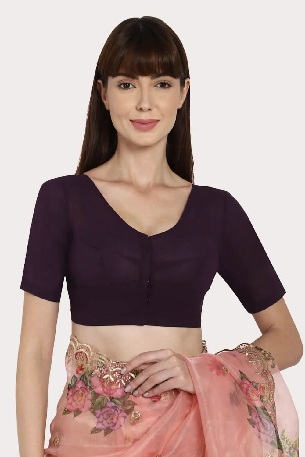 Naidu Hall Full Coverage Non-Wired Non-Padded Round Neck Long Sleeve Cotton Blouse - Dark Wine