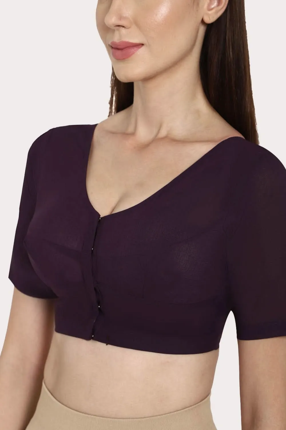 Naidu Hall Full Coverage Non-Wired Non-Padded Round Neck Long Sleeve Cotton Blouse - Dark Wine