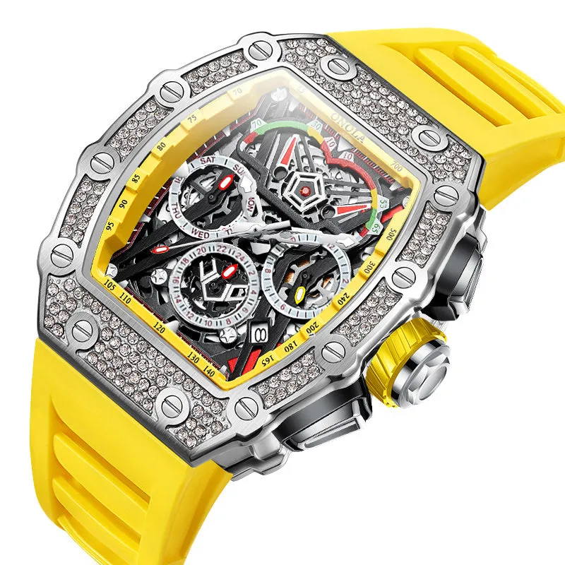 ONOLA 43mm Luxury Diamond Skeleton Watch Barrel Shaped