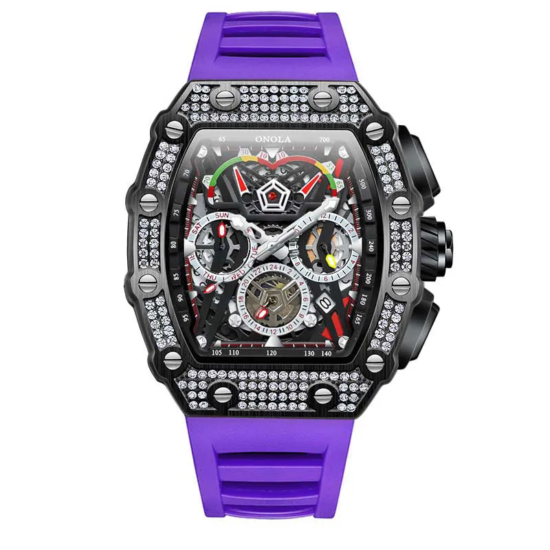 ONOLA 43mm Luxury Diamond Skeleton Watch Barrel Shaped