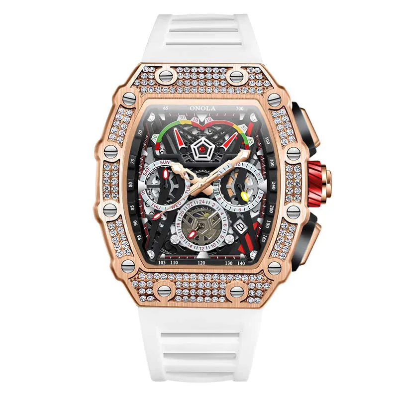 ONOLA 43mm Luxury Diamond Skeleton Watch Barrel Shaped