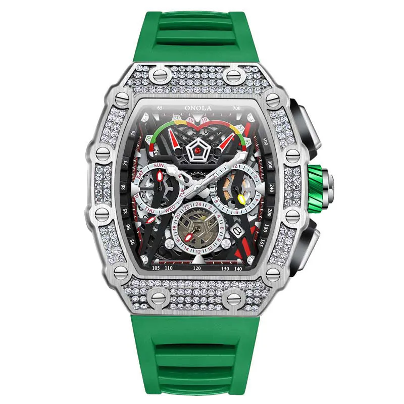 ONOLA 43mm Luxury Diamond Skeleton Watch Barrel Shaped