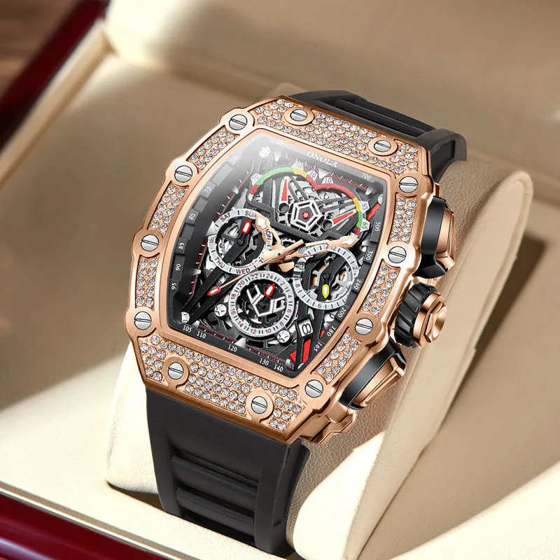 ONOLA 43mm Luxury Diamond Skeleton Watch Barrel Shaped