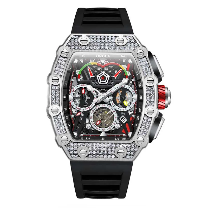ONOLA 43mm Luxury Diamond Skeleton Watch Barrel Shaped