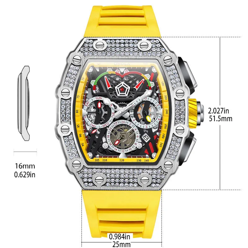 ONOLA 43mm Luxury Diamond Skeleton Watch Barrel Shaped