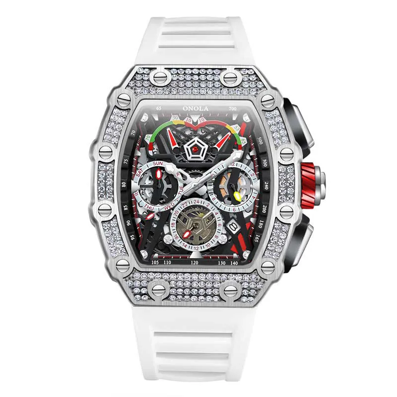 ONOLA 43mm Luxury Diamond Skeleton Watch Barrel Shaped