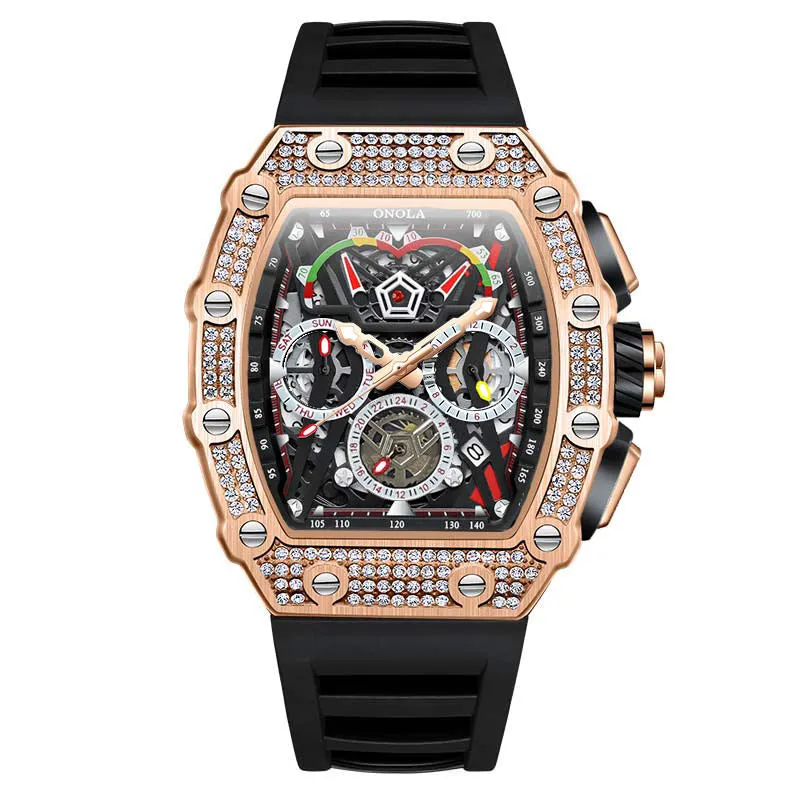 ONOLA 43mm Luxury Diamond Skeleton Watch Barrel Shaped