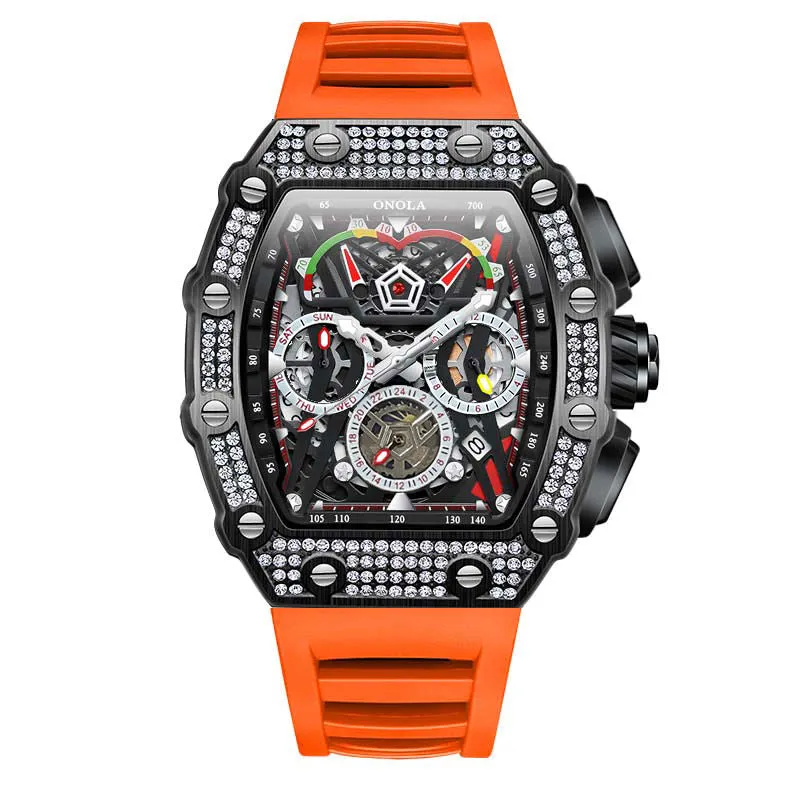 ONOLA 43mm Luxury Diamond Skeleton Watch Barrel Shaped