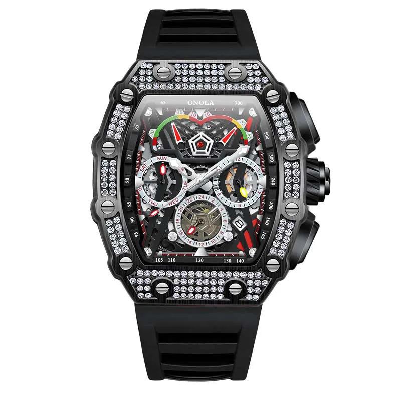 ONOLA 43mm Luxury Diamond Skeleton Watch Barrel Shaped