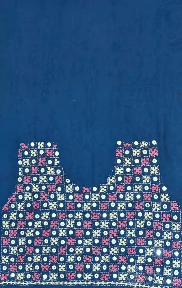 Peacock blue semi silk fabric with mirror work kutch hand embroidery
