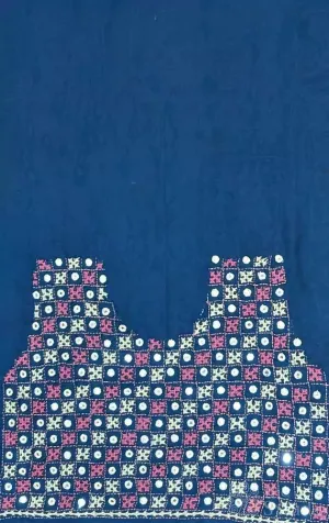 Peacock blue semi silk fabric with mirror work kutch hand embroidery
