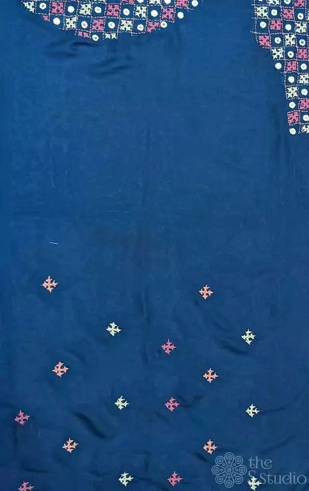 Peacock blue semi silk fabric with mirror work kutch hand embroidery