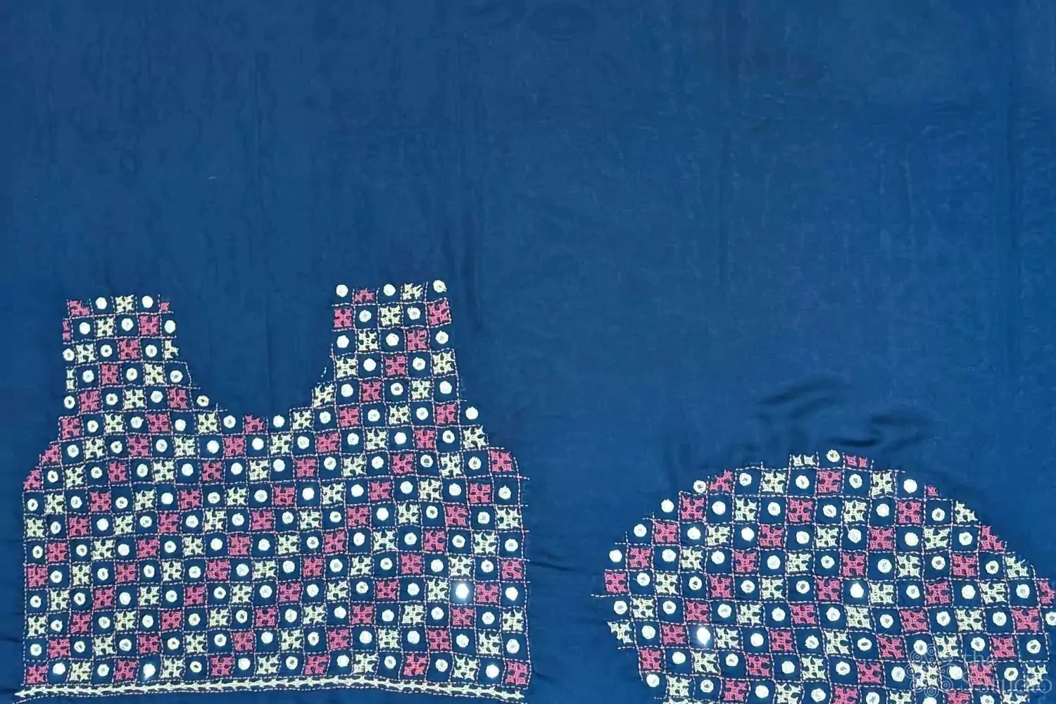 Peacock blue semi silk fabric with mirror work kutch hand embroidery
