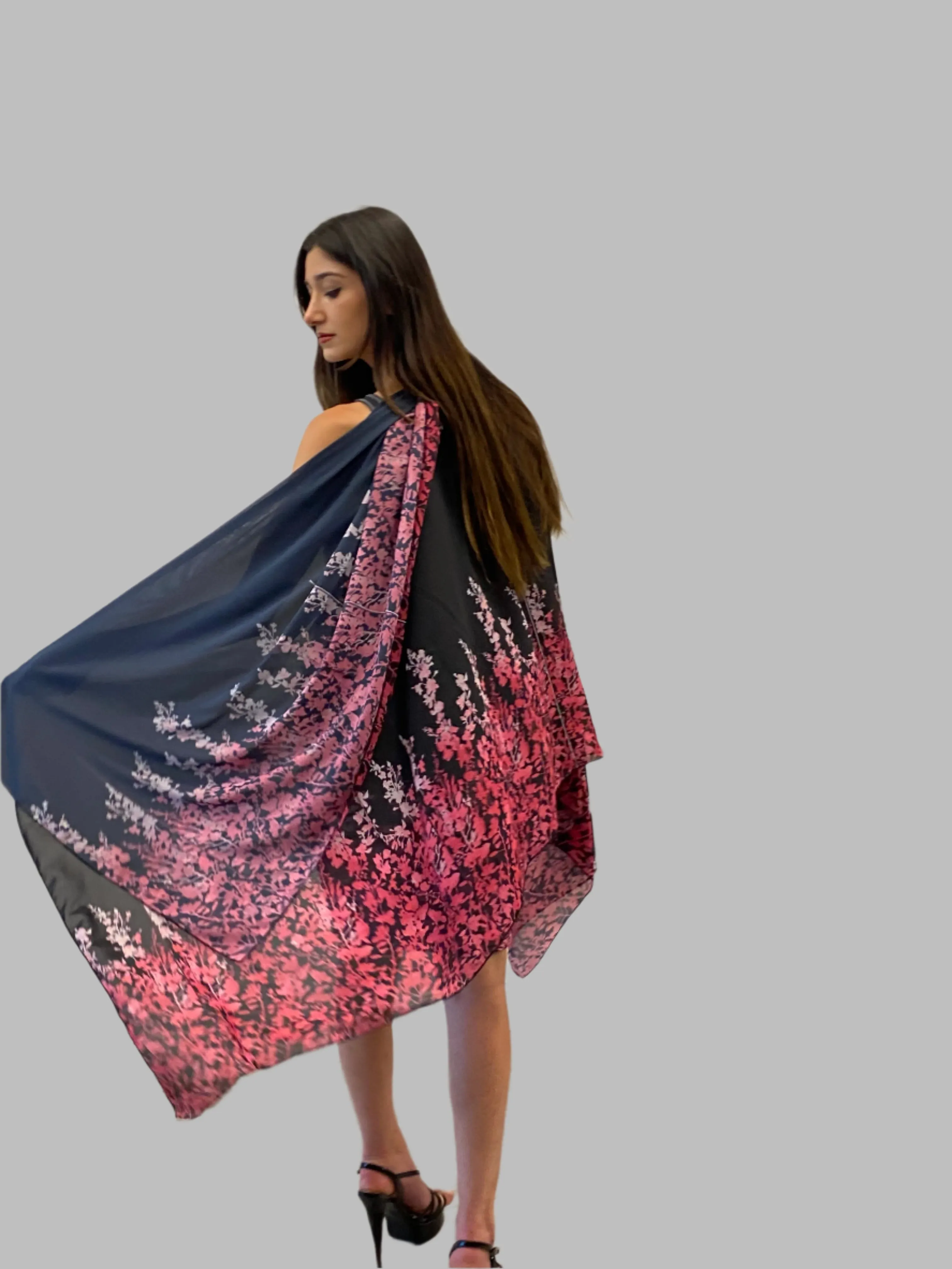 Pink Ombré Leaves Silk Chiffon Scarf