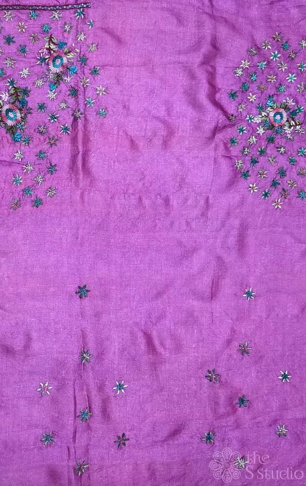 Pink tussar silk fabric with floral kutch hand embroidery