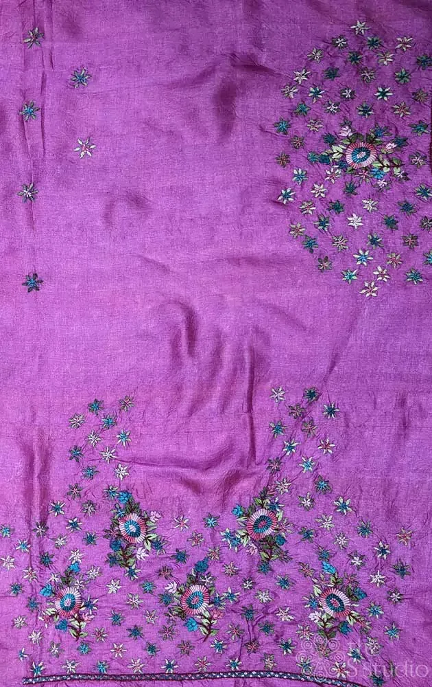 Pink tussar silk fabric with floral kutch hand embroidery