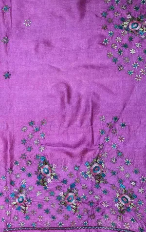 Pink tussar silk fabric with floral kutch hand embroidery