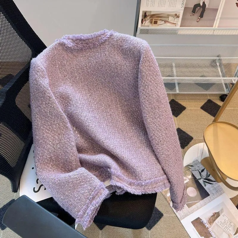 Purple Elegant Round Neck Raw Edge Jacket