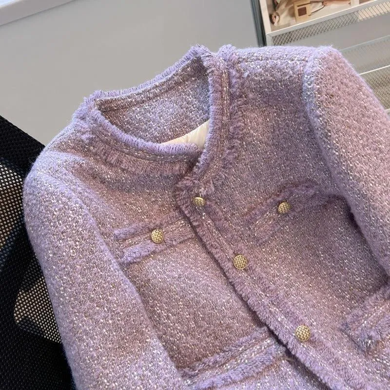 Purple Elegant Round Neck Raw Edge Jacket