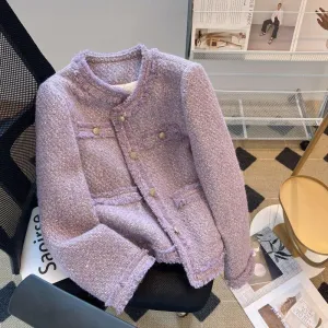 Purple Elegant Round Neck Raw Edge Jacket