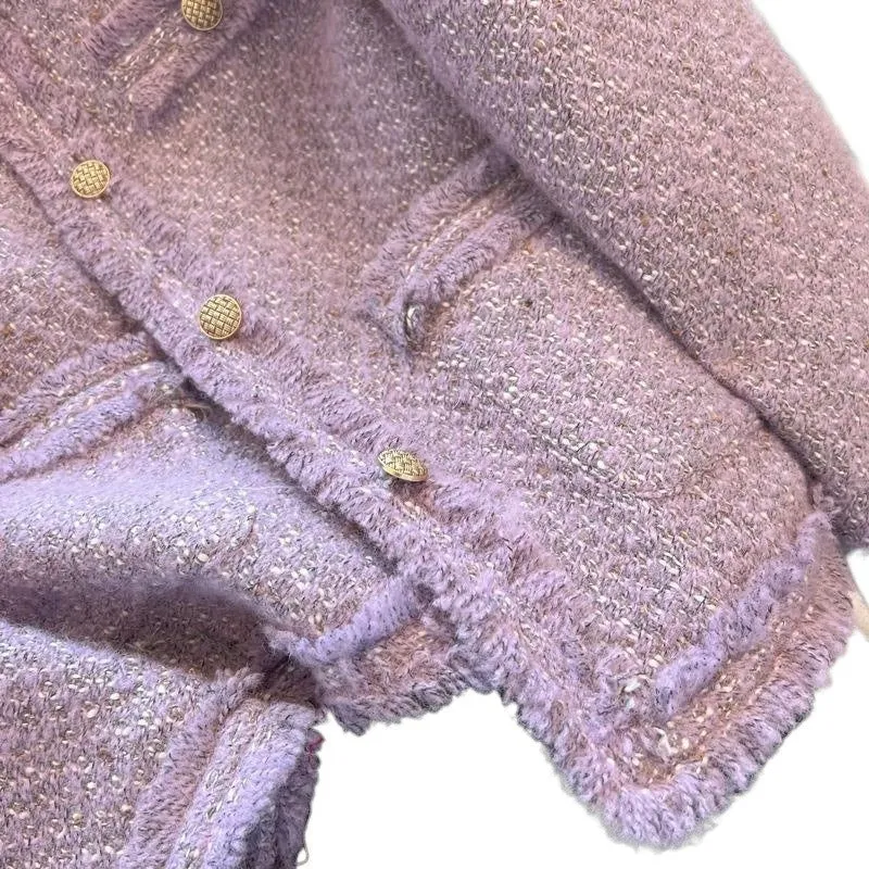 Purple Elegant Round Neck Raw Edge Jacket
