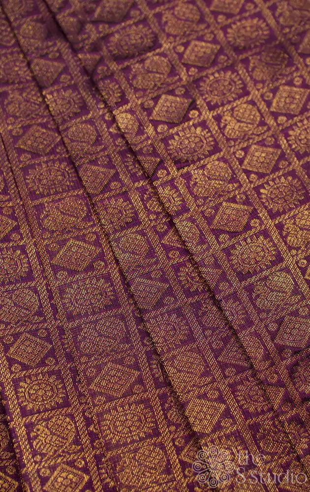 Purple kanchi silk blouse material with mayil chakram buttas