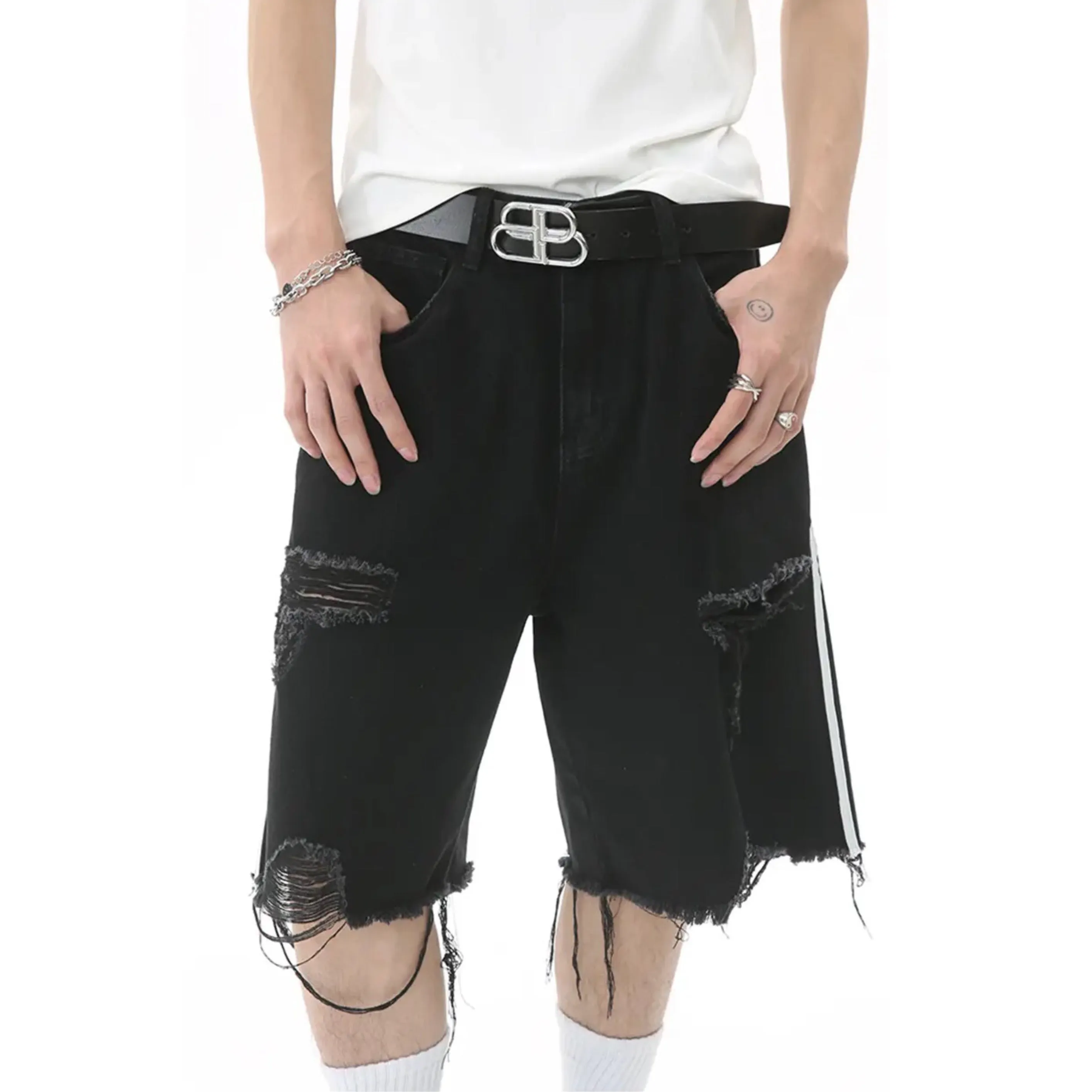 Side Stripe Ripped Denim Shorts