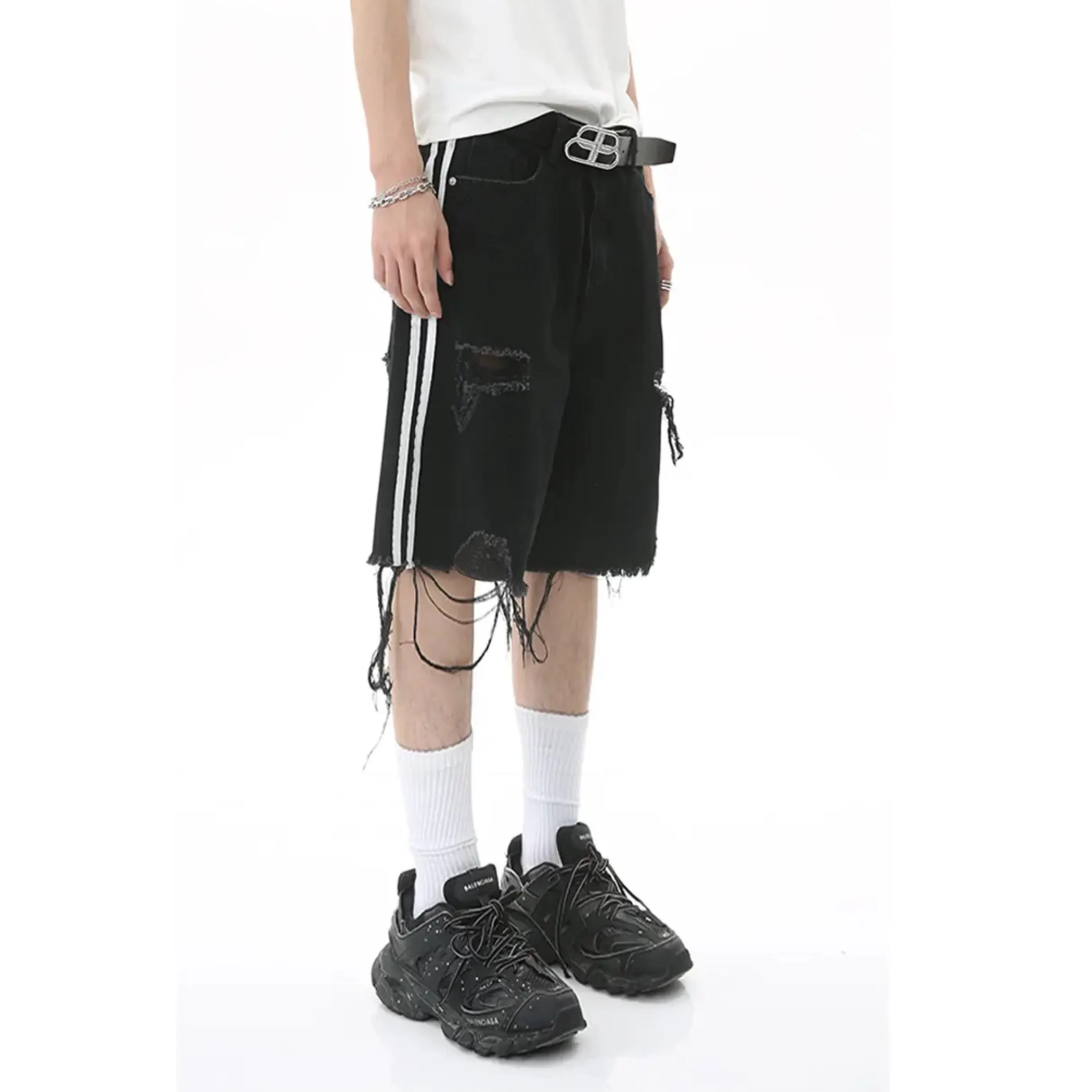 Side Stripe Ripped Denim Shorts