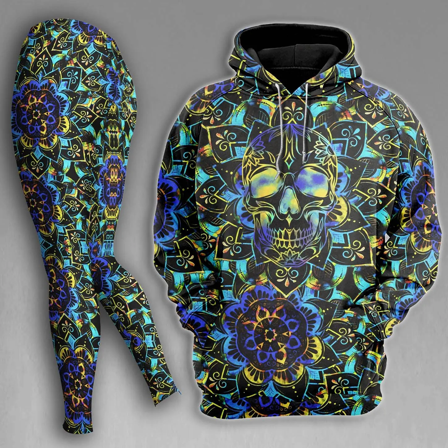 Skull Sugar Madala Pattern Gothic Combo Hoodie and Leggings
