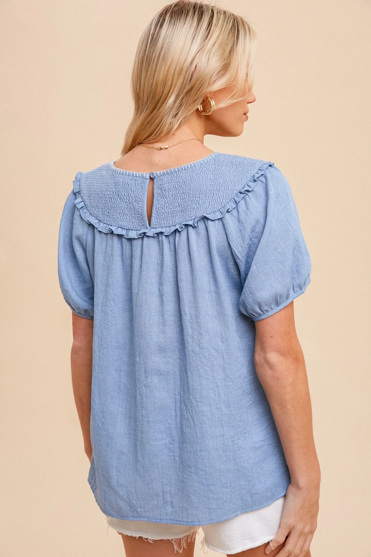 Smocking Yoke Short Sleeve Blouse in Denim Blue Style 3303